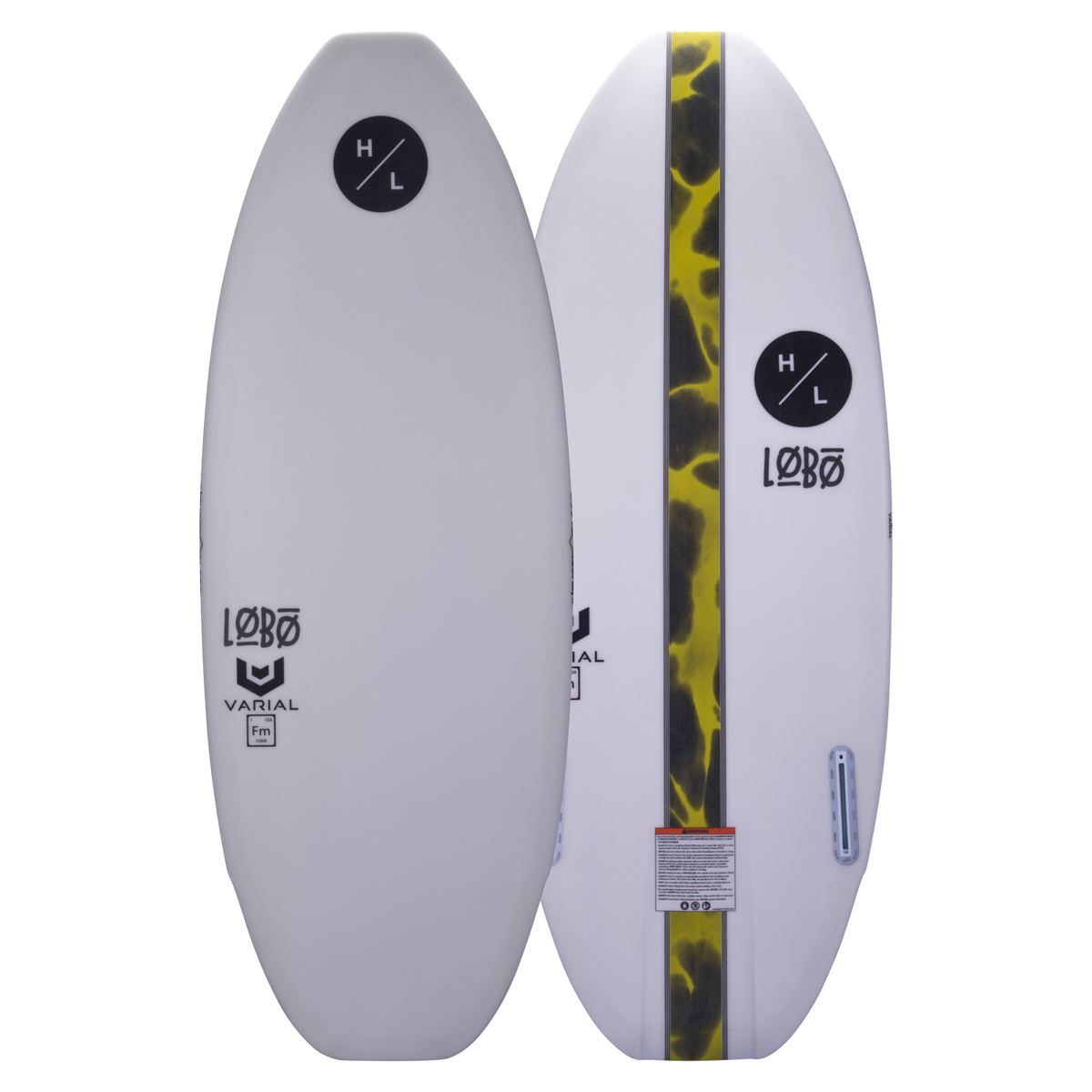 Top and base of Lobo 2024 wakeboard, white with black, yellow details and logos.