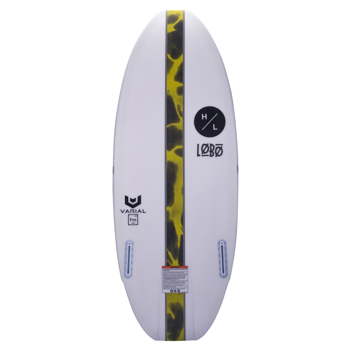 Lobo 2024: wakeboard with yellow/black stripes, logos, fin slots; perfect for Varial wakesurfers.