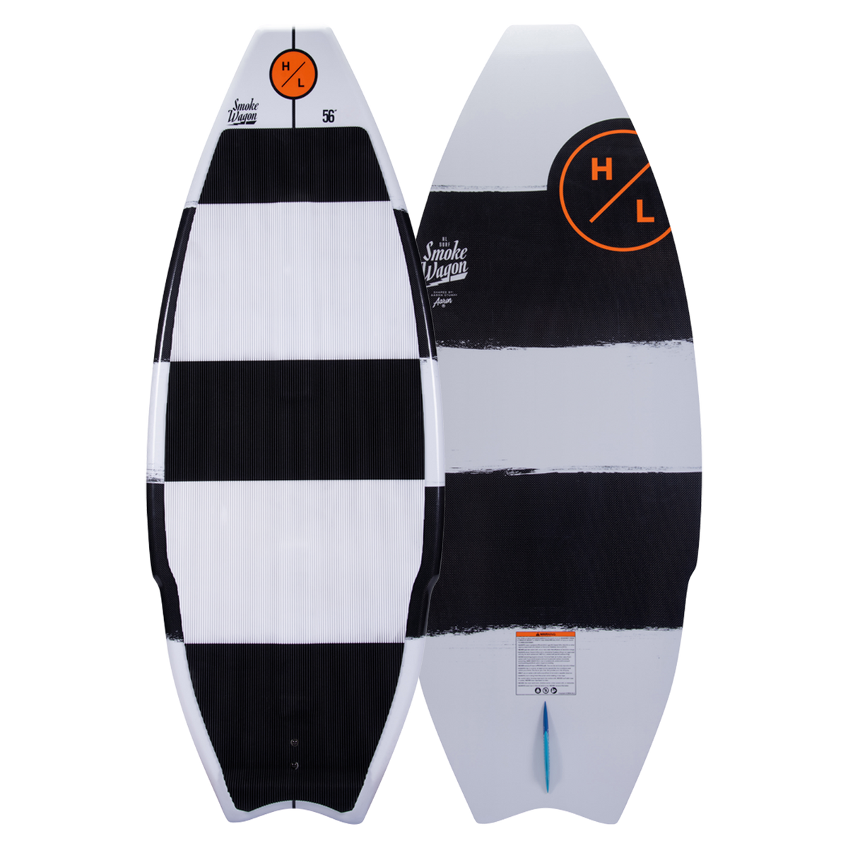 Top and base of Smokewagon wakeboard with carbon construction and black & white stripe design.