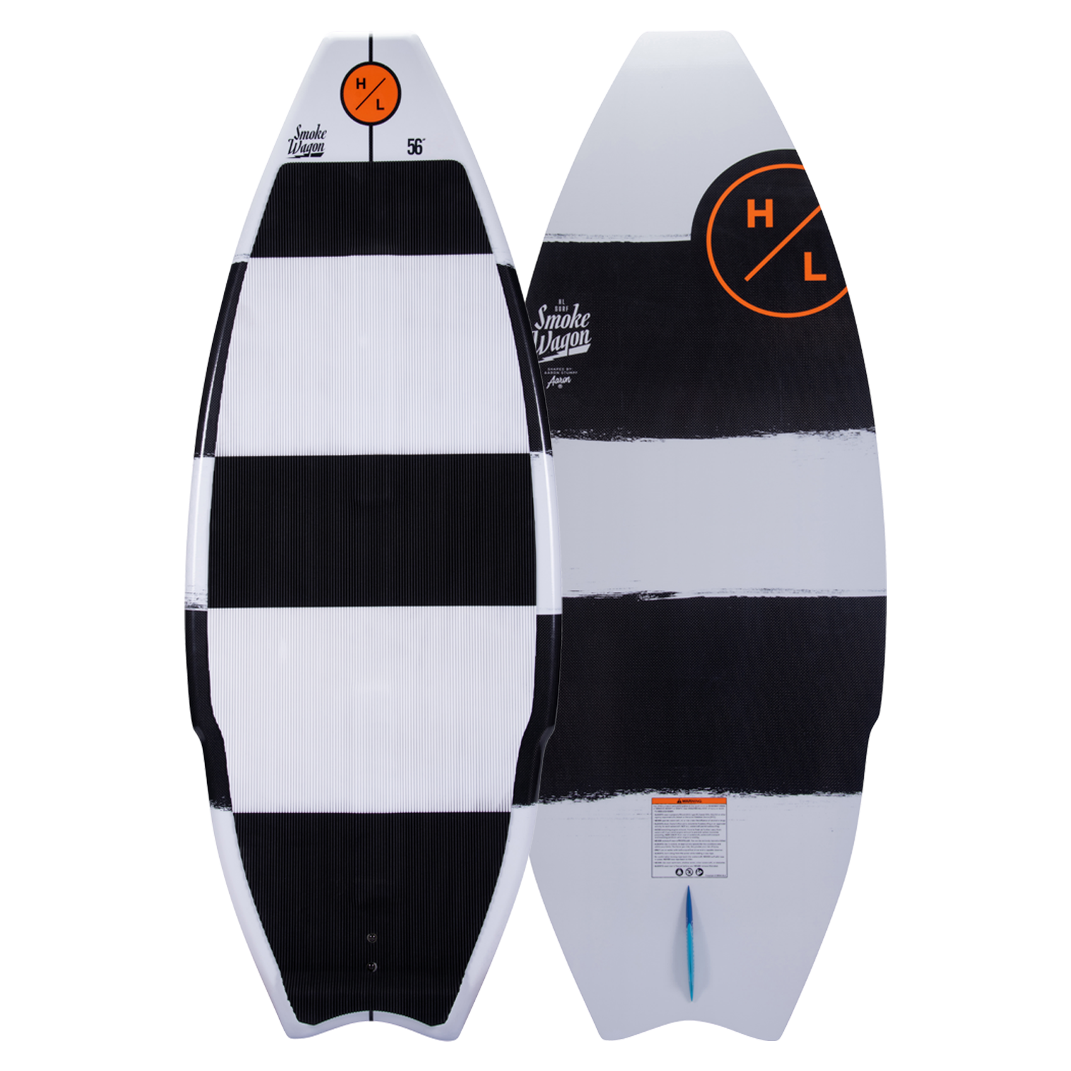 Top and base of Smokewagon wakeboard with carbon construction and black & white stripe design.