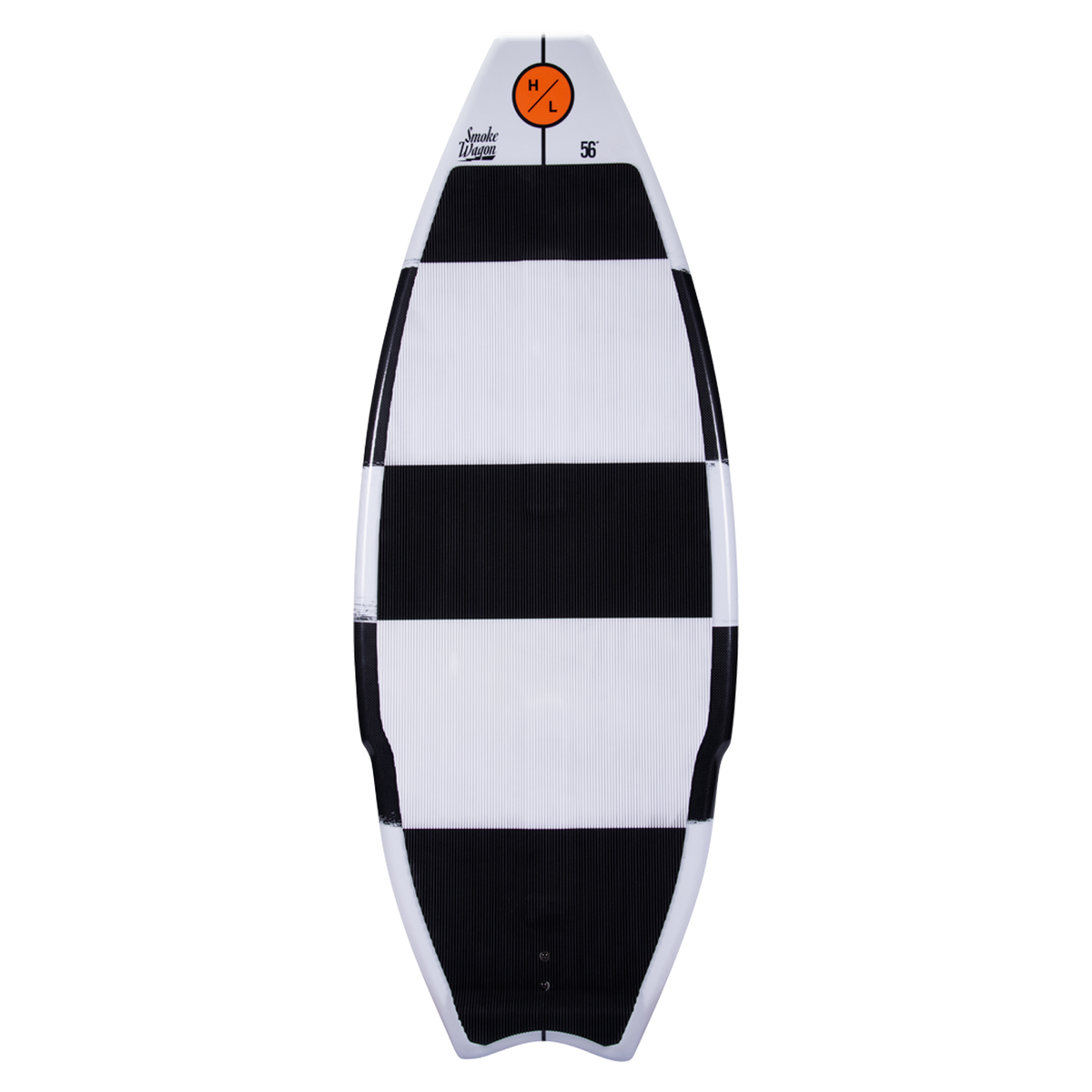 Smokewagon carbon striped wakeboard on a white surface.