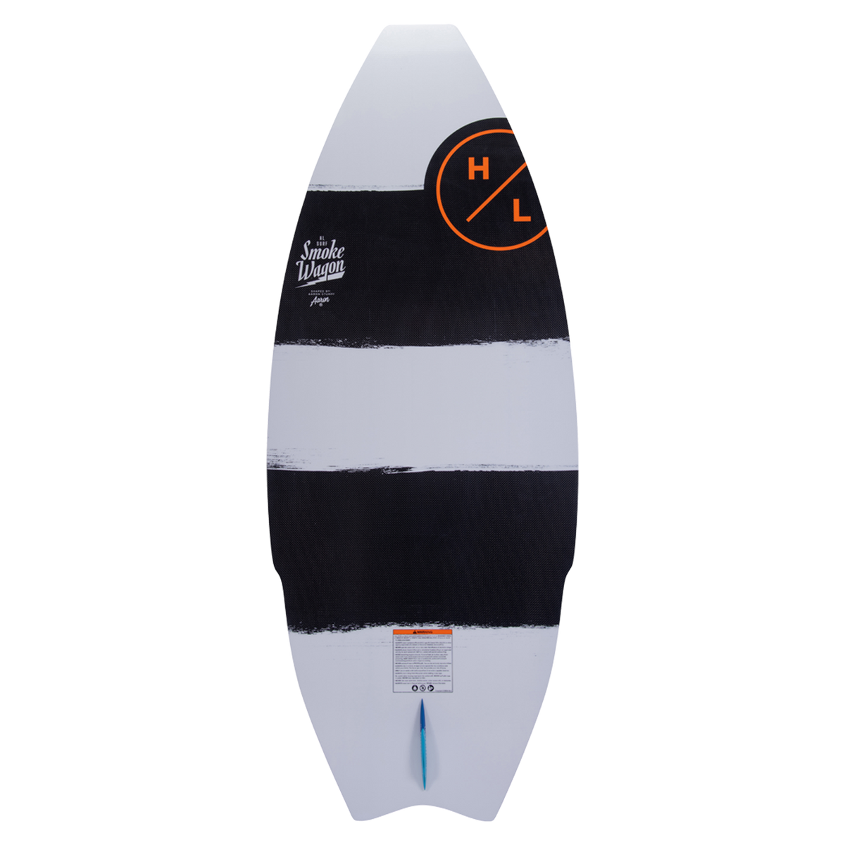 The Smokewagon is a carbon wakeboard, featuring black/white stripes and an orange logo.