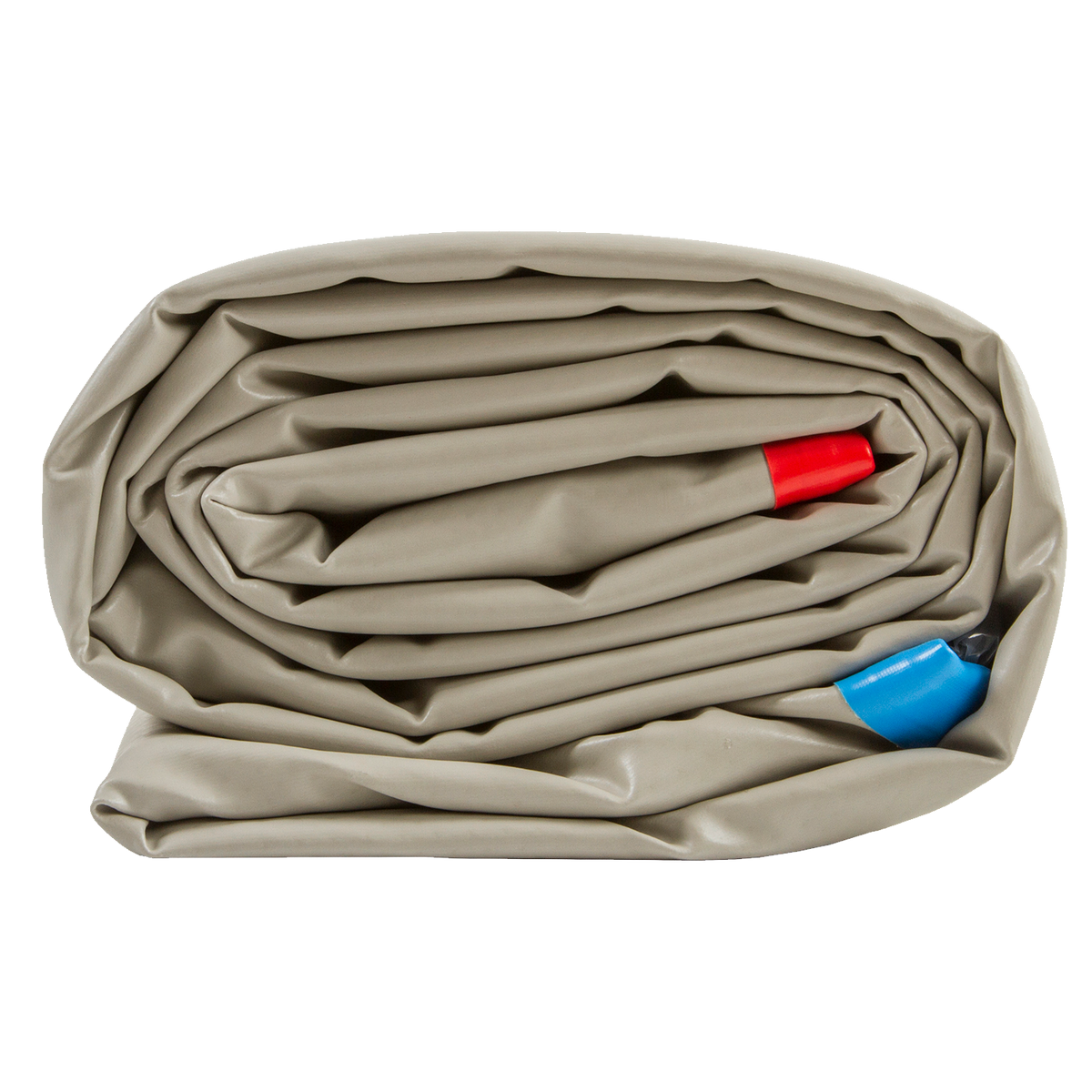 Side view of the folded Play PAD mat, rolled up with red and blue inflation valves visible.