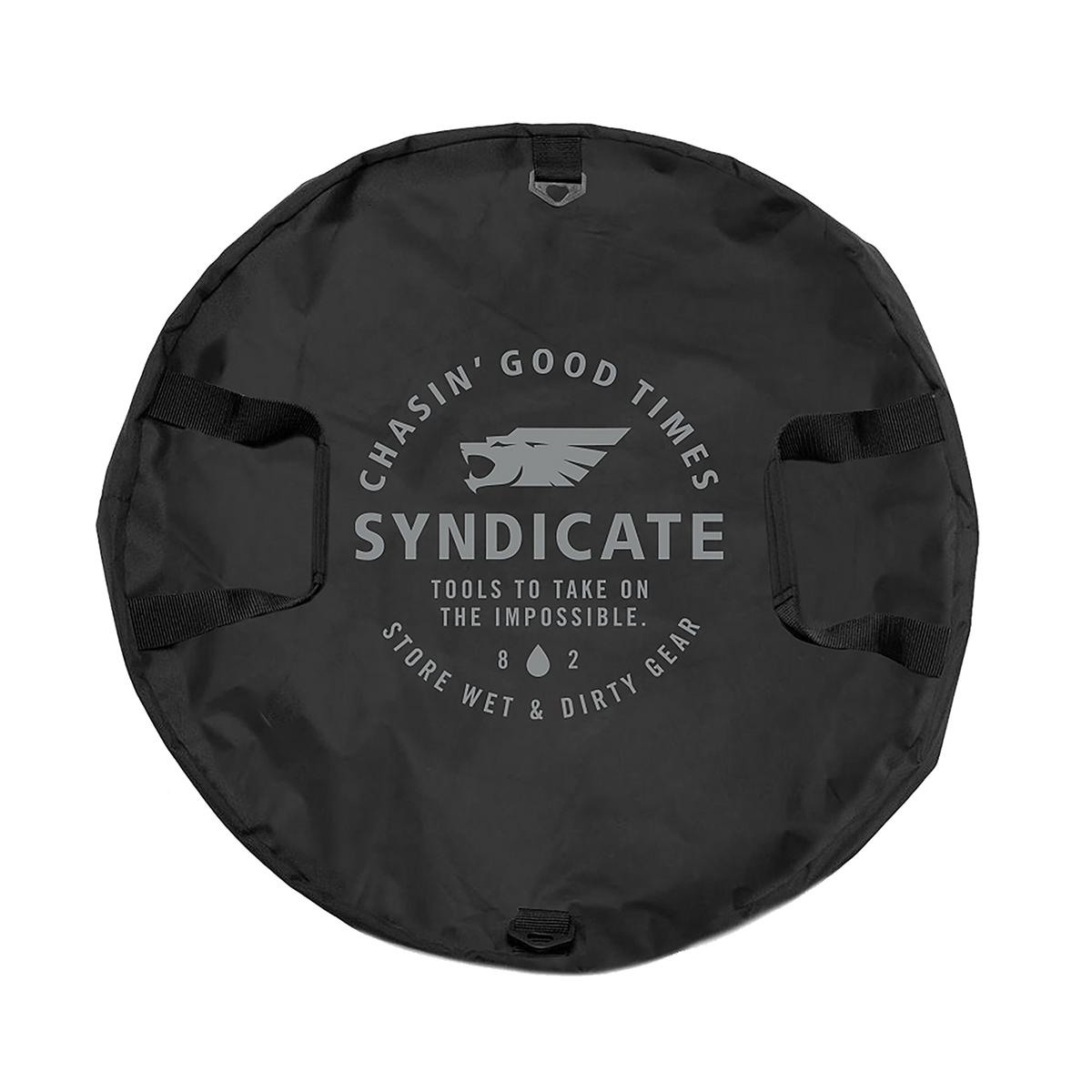 Top view of the black Syndicate Cinch Changing Mat, featuring a circular design, reinforced handles, and bold white logo.