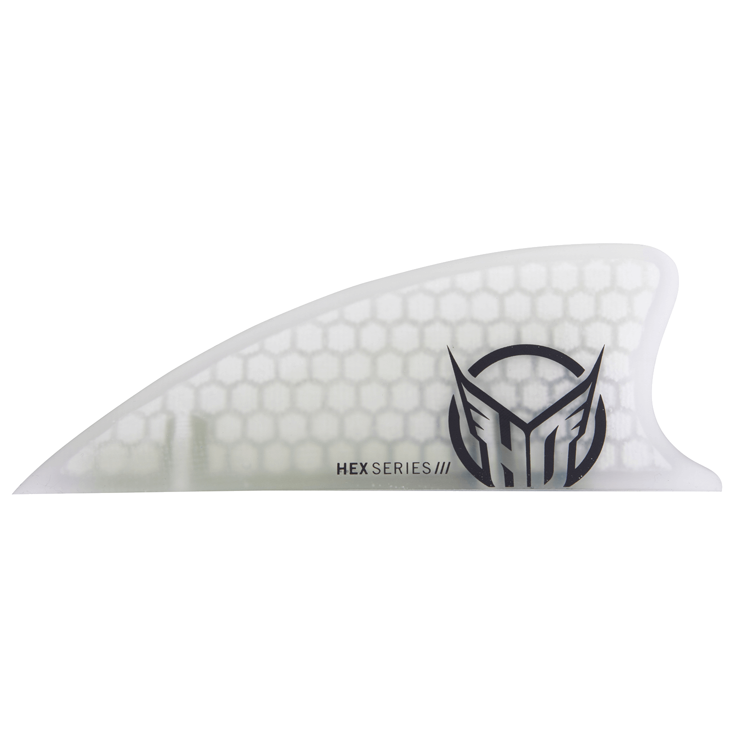 Side view of the HEX Fin, a honeycomb-patterned surf fin with the HO Sports logo on a transparent base.