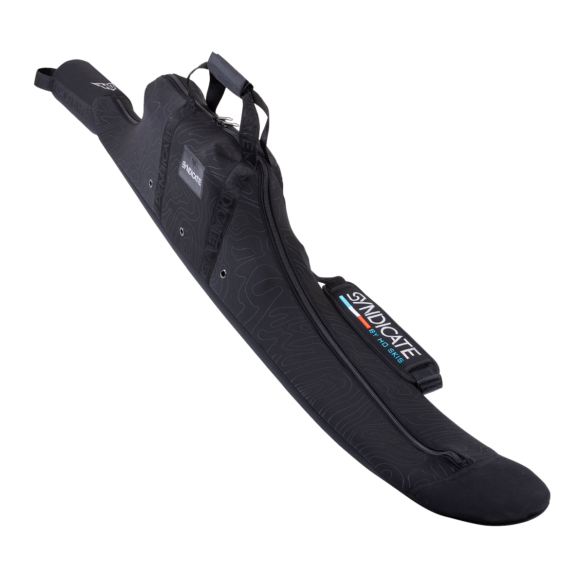 Angled view of Syndicate Neo Bag with Fin Protector 63-66 showing a black padded ski bag with handles and a zipper.