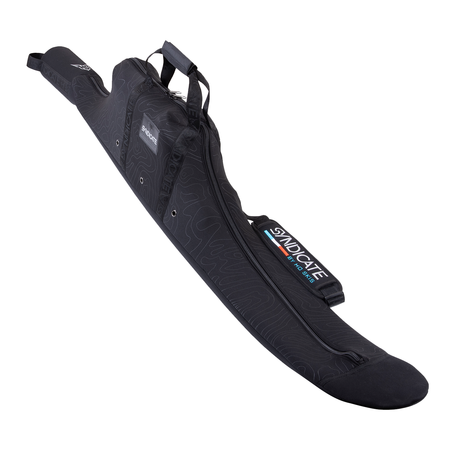 Angled view of Syndicate Neo Bag with Fin Protector 63-66 showing a black padded ski bag with handles and a zipper.