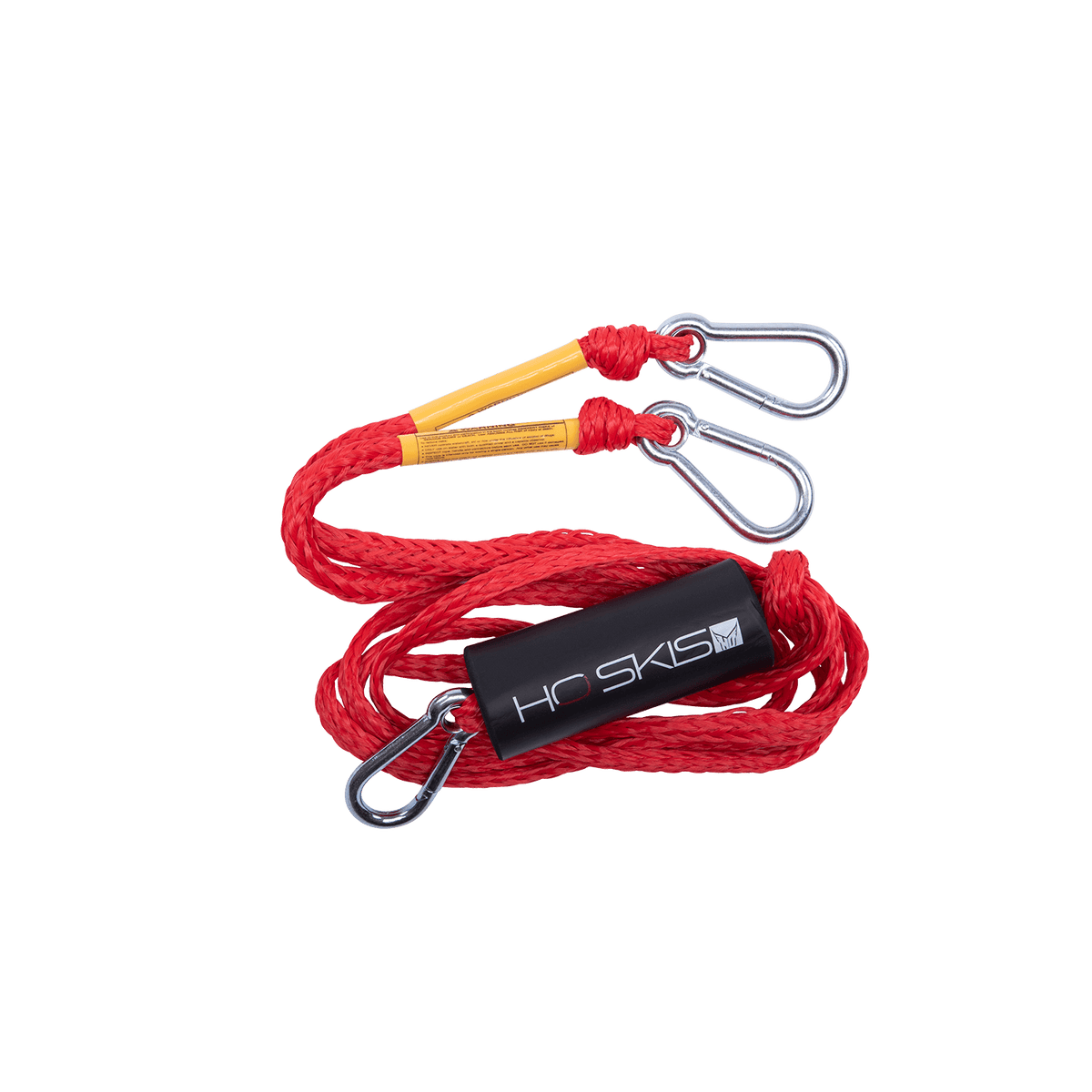 Top view of Rope Boat Tow Harness in red featuring metal clips, yellow reinforcements, and a black HO Skis float.