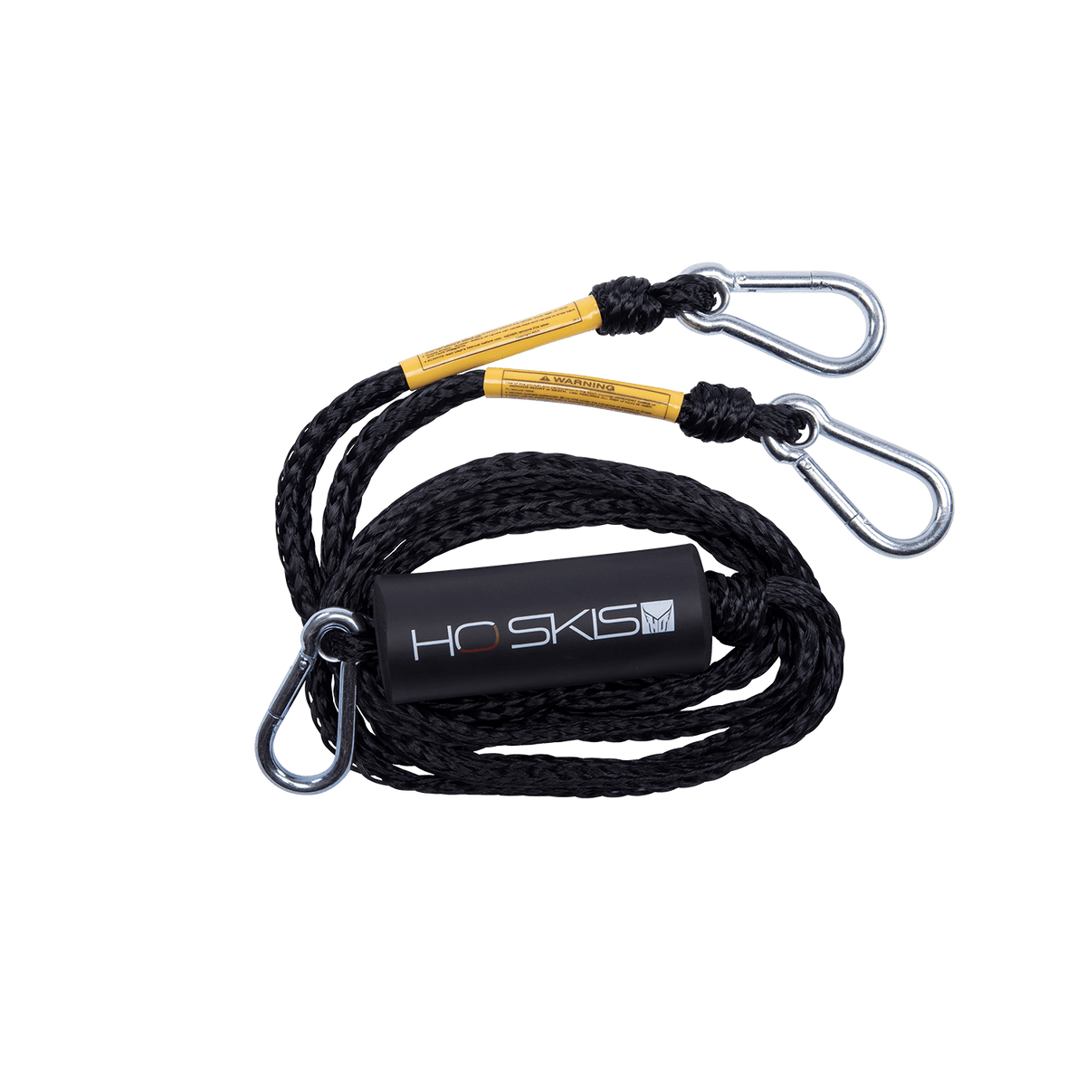 Top view of Rope Boat Tow Harness in black showing metal clips, yellow reinforcements, and a black HO Skis float.