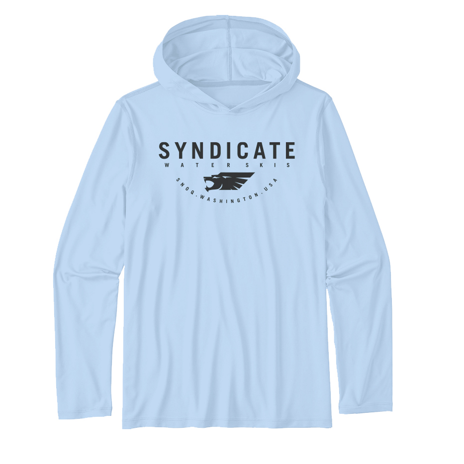 Front view of the Syndicate Sun Shield Hoodie in sky blue, featuring a black logo on the chest and a lightweight hood.