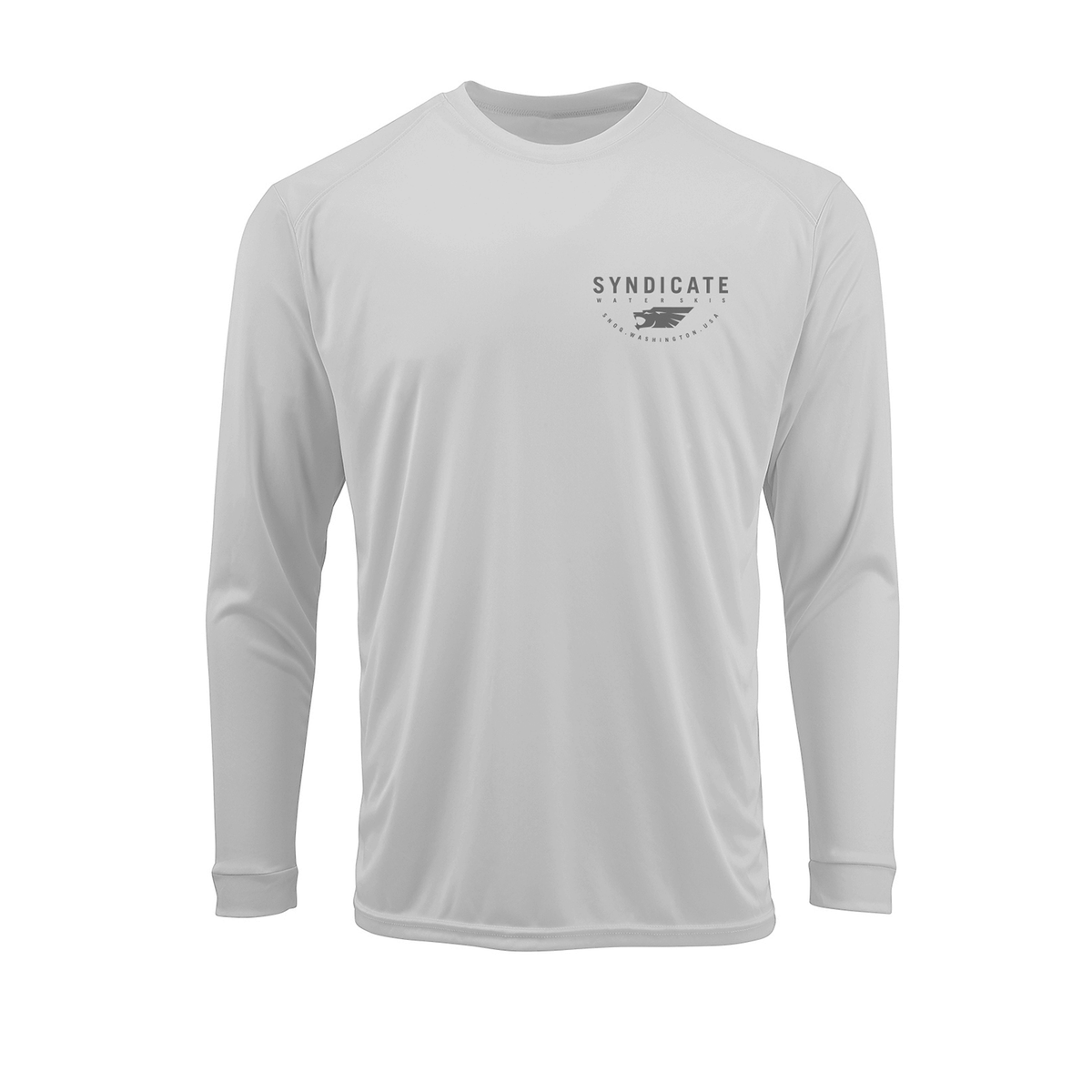Front view of Syndicate Sun Shield LS Crew in mist grey with small grey Syndicate logo on the left chest.