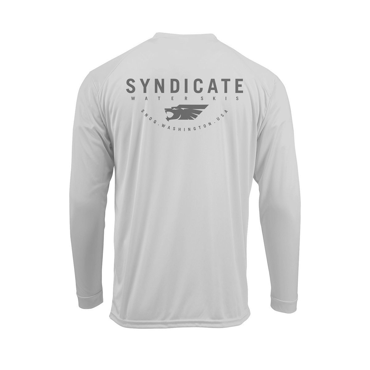 Back view of Syndicate Sun Shield LS Crew in mist grey with large grey Syndicate logo and text on the back.