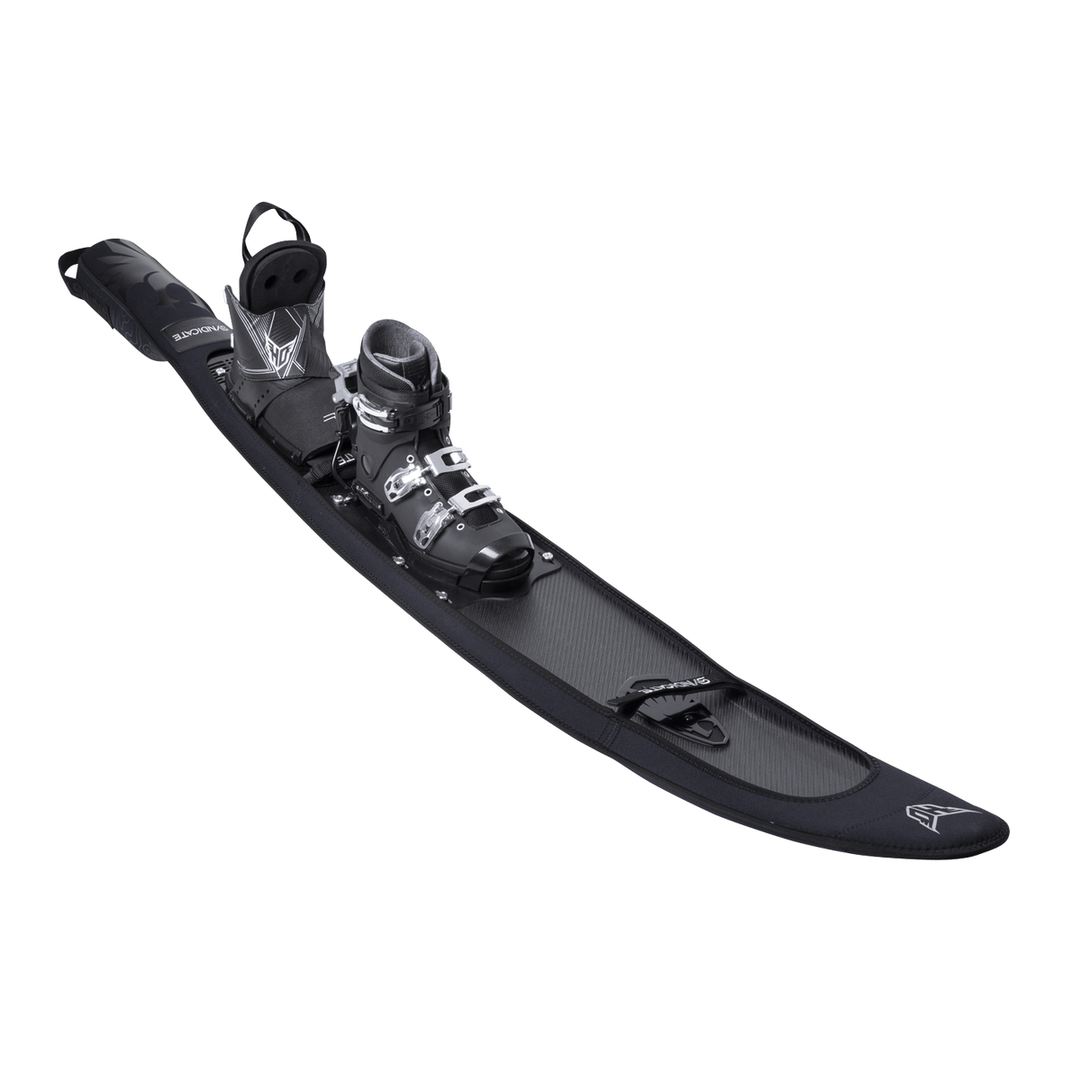 Angled view of the Syndicate Neo Sleeve with Fin Protector, featuring a streamlined fit over a slalom ski.