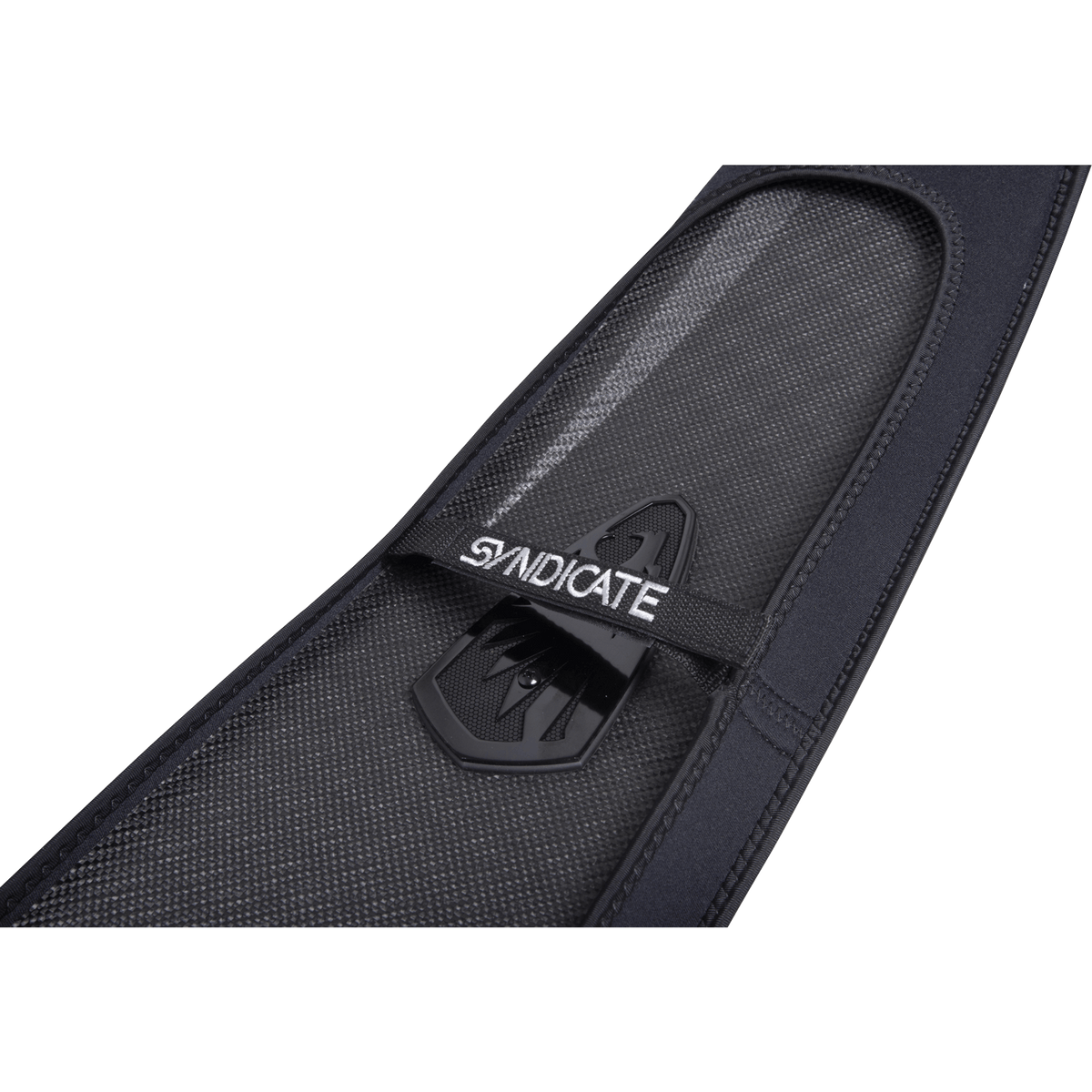 Close-up view of the Syndicate Neo Sleeve with Fin Protector, showing the Syndicate-branded strap securing the fin.