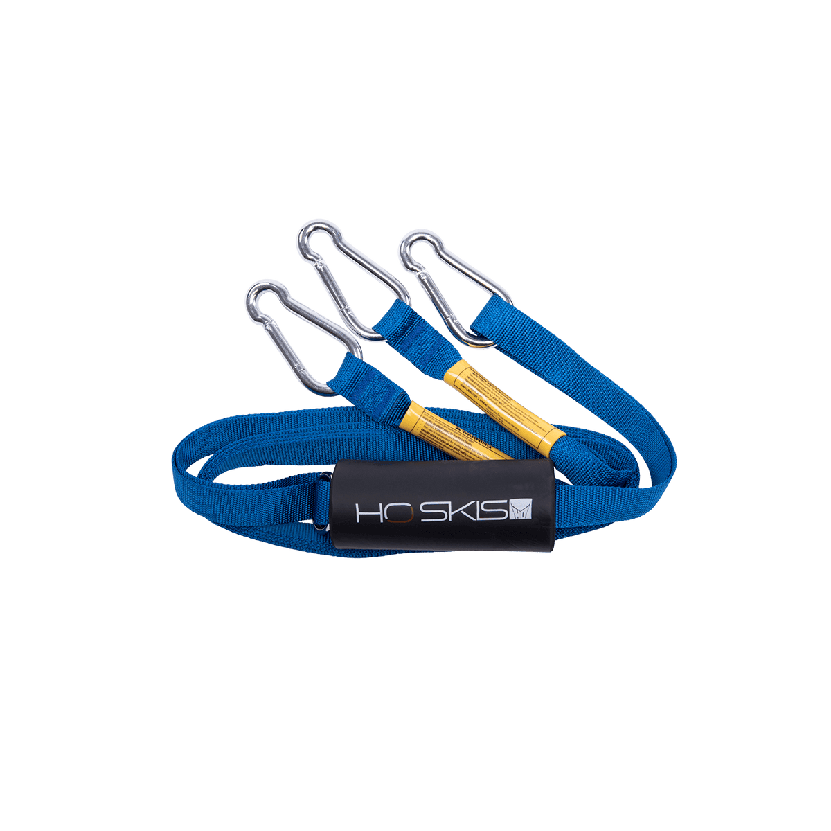 Blue Webbing Boat Tow Harness with three metal carabiner clips, yellow reinforcements, and a black foam pad.