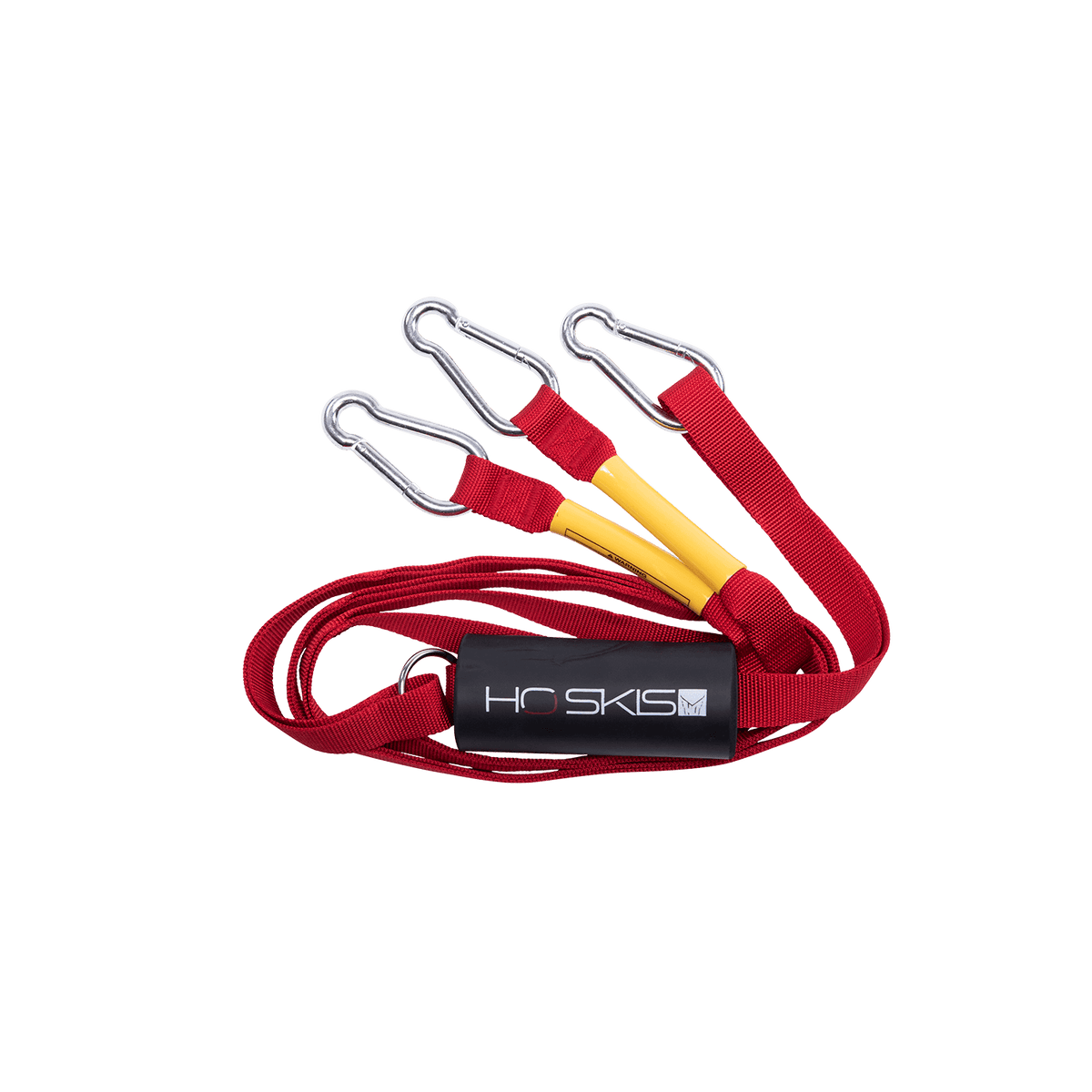 Red Webbing Boat Tow Harness with three metal carabiner clips, yellow reinforcements, and a black foam pad.