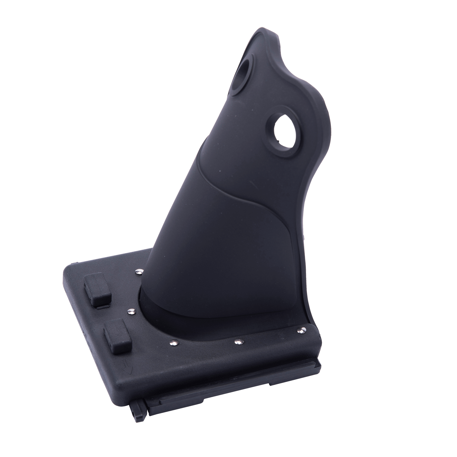 Side view of the black Horseshoe Heel Rubber - Adult with a flexible rubber structure and mounting base.