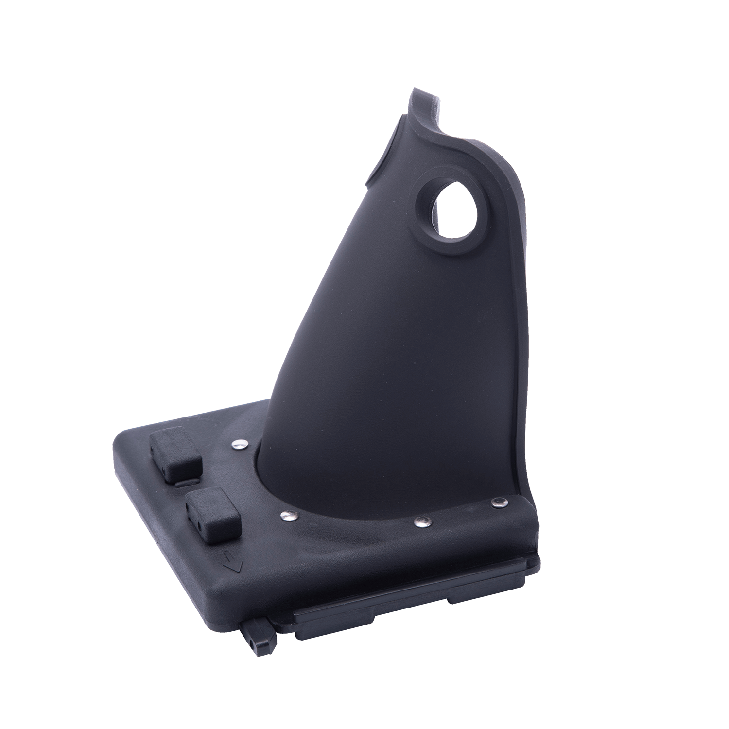 Side view of the black Horseshoe Heel Rubber - Child with a flexible rubber structure and mounting base.