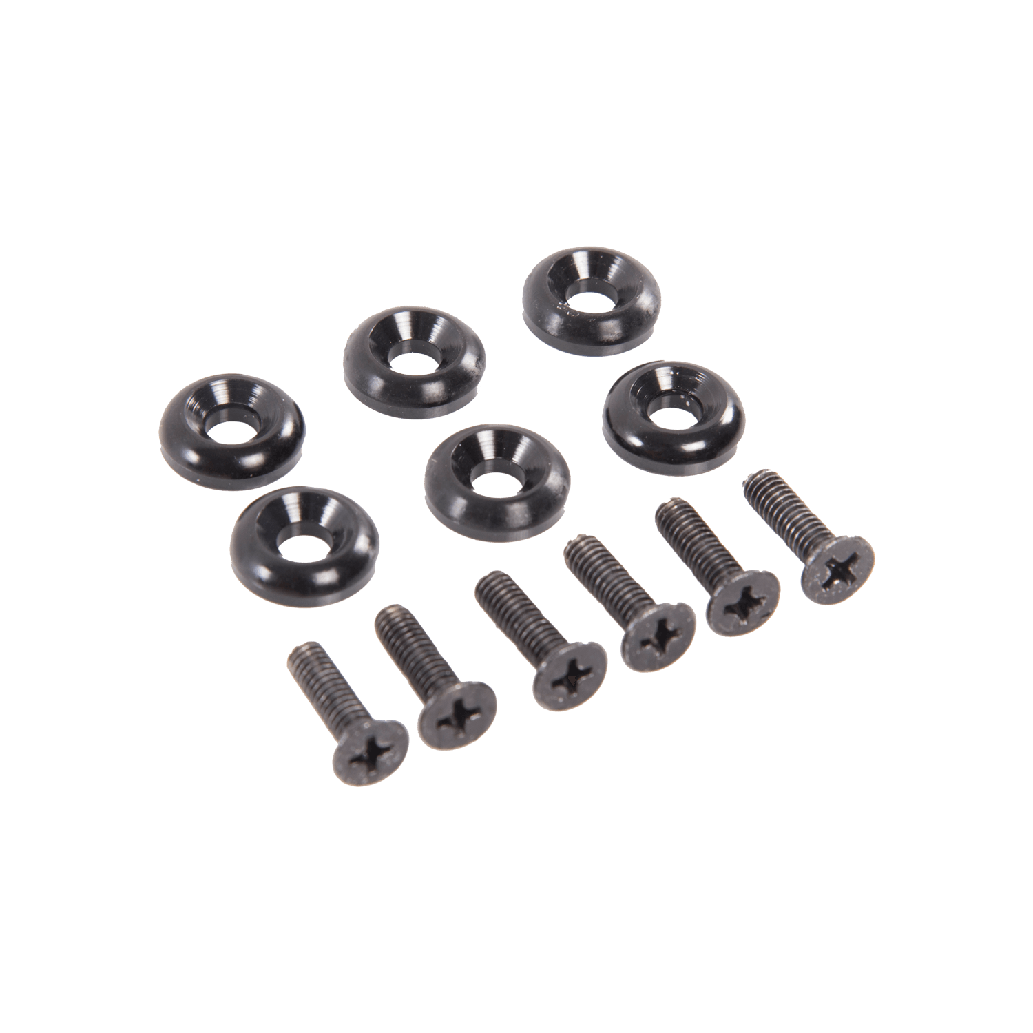 Top-down view of the Ski Boot Mounting Hardware - Front, showing black screws and matching washers arranged in a neat layout.