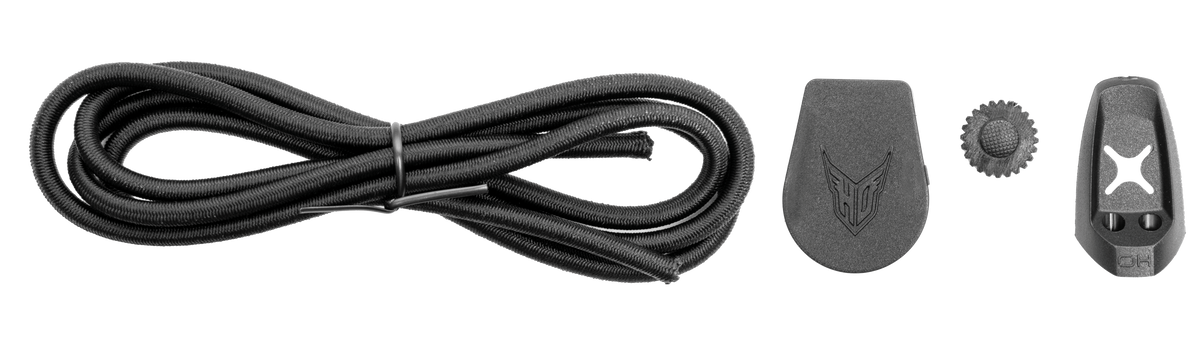 Power Bungee Lace Kit with a black coiled bungee lace, lace lock, stopper, and tensioner.