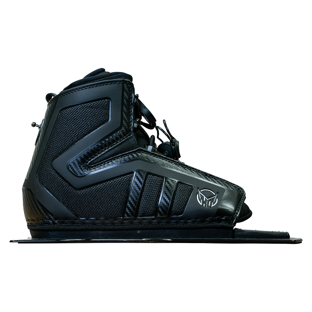 Side view of the black Stance 130 Front waterski boot with reinforced panels and textured design.
