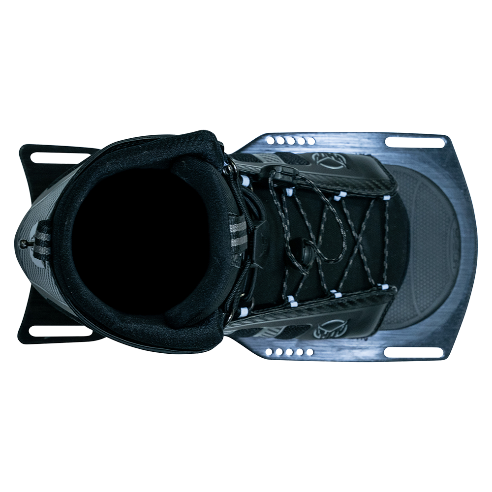 Top view of the black Stance 130 Front waterski boot with lace-up closure and padded interior.