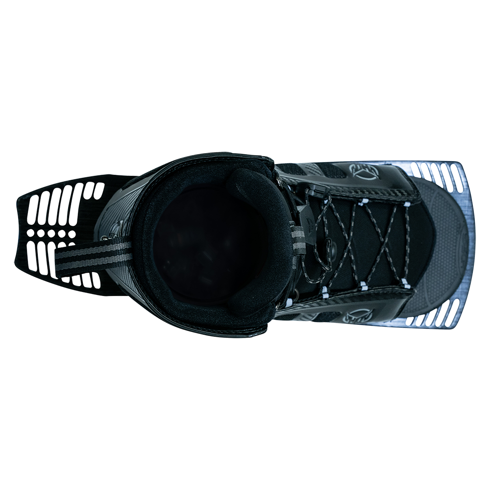 Top view of the Stance 130 Rear waterski boot in black, showing a cushioned opening, lace system, and textured footbed.