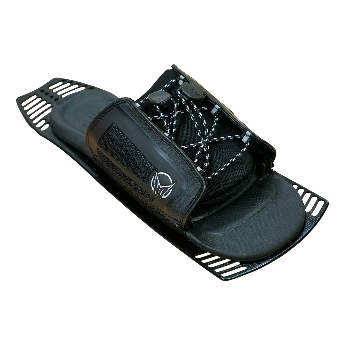 Angled view of Stance 130 ARTP, a black rear toe plate with dual laces, mesh panels, and a vented black mounting plate.