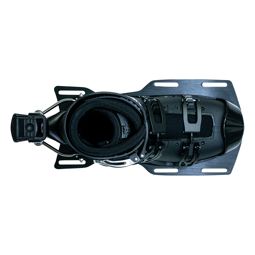 Top view of the Syndicate Hardshell boot, black with a padded liner, metal buckles, and a reinforced toe cap.