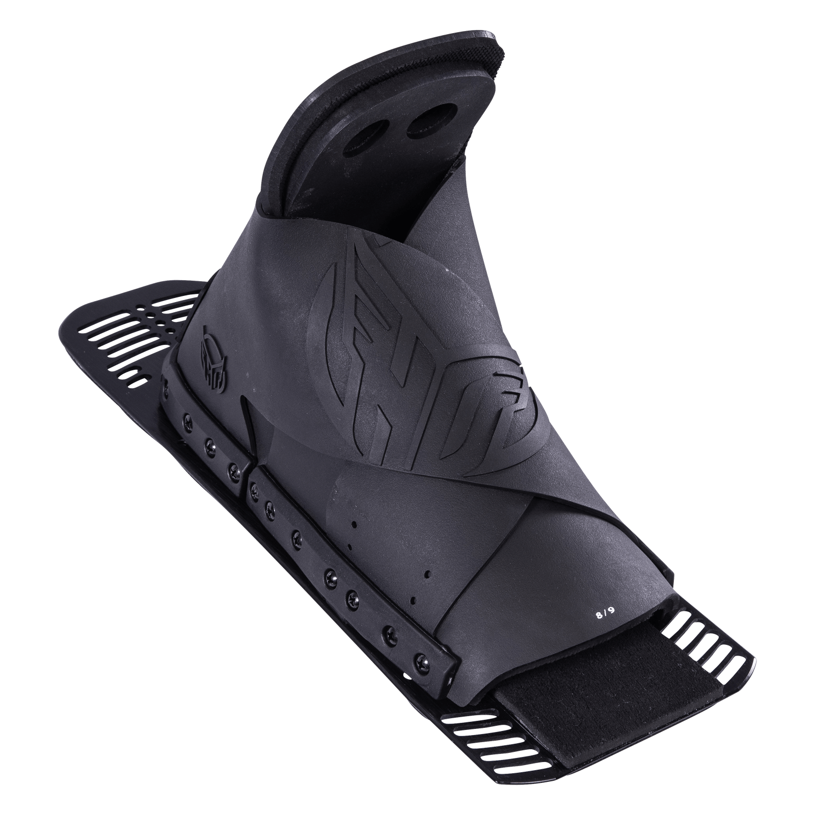 Angled view of the black Venom Rear waterski binding showcasing its open-toe design, footbed, and secure fit.