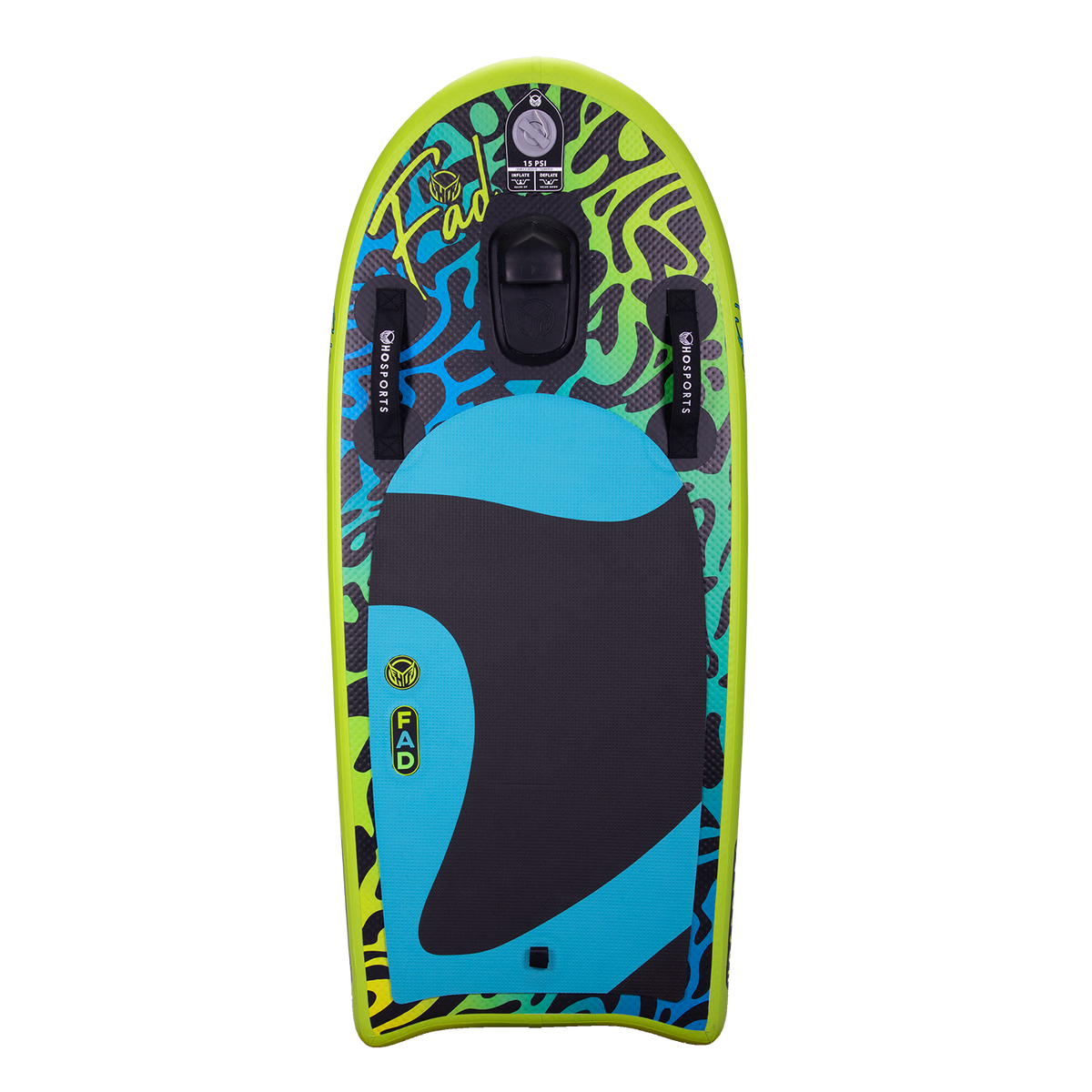 Top view of the FAD 4.5 board with a vibrant blue and green design, black traction pad, and foot strap.