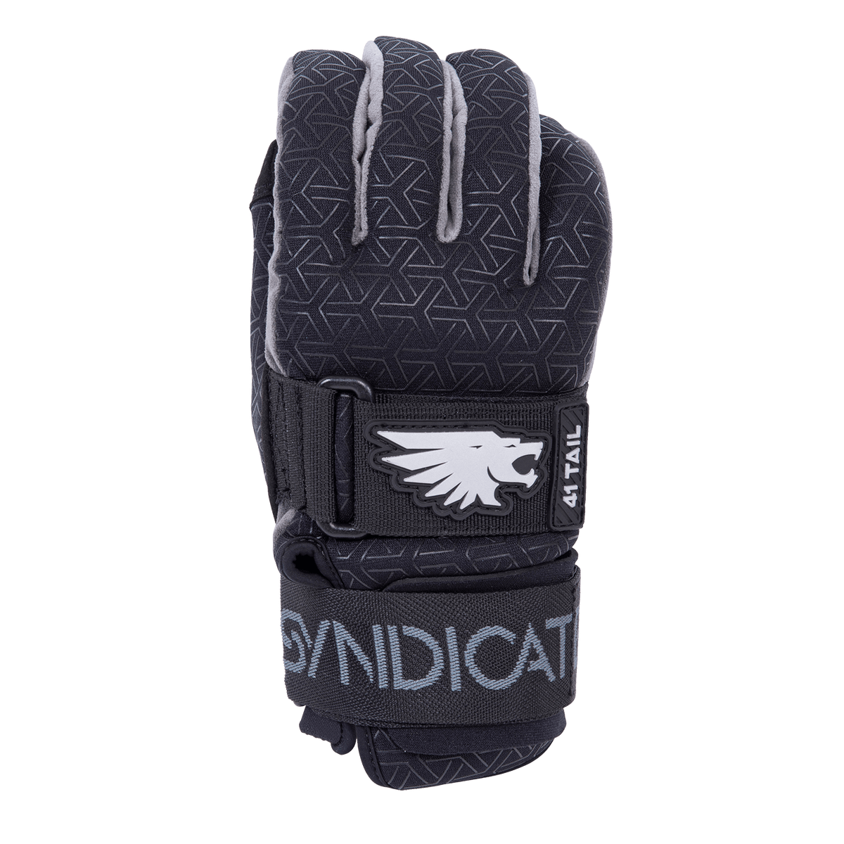 Top view of the black Syndicate 41 Tail glove with a geometric pattern, reinforced fingers, and bold white logo on the strap.