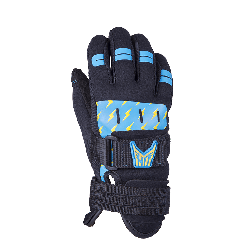 Back view of the Kids World Cup glove in black with blue and yellow lightning graphics, HO logo, and dual wrist straps.