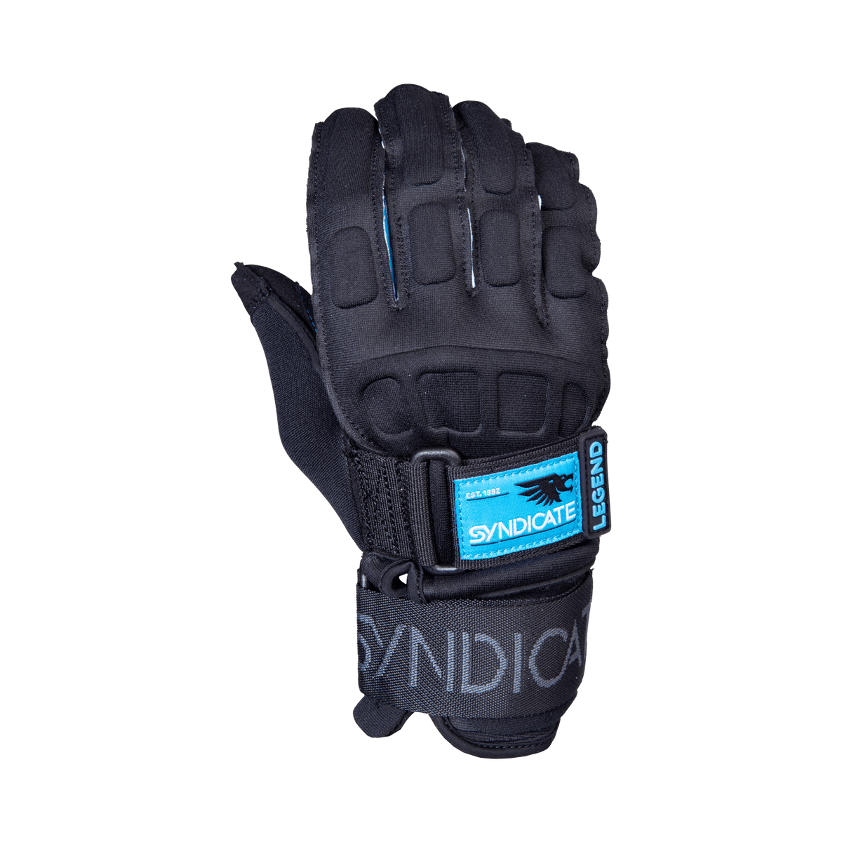 Top view of Syndicate Legend Inside Out glove with black padded knuckles, blue Syndicate logo patch, and adjustable strap.
