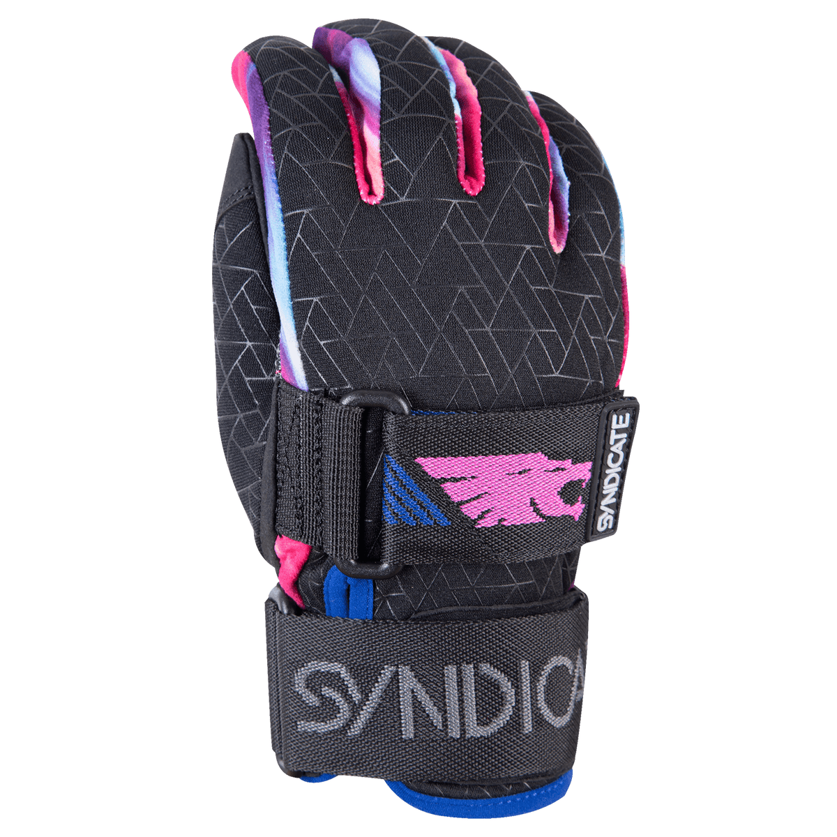 Front view of the Syndicate Angel glove with a geometric black pattern, pink logo details, and an adjustable wrist strap.