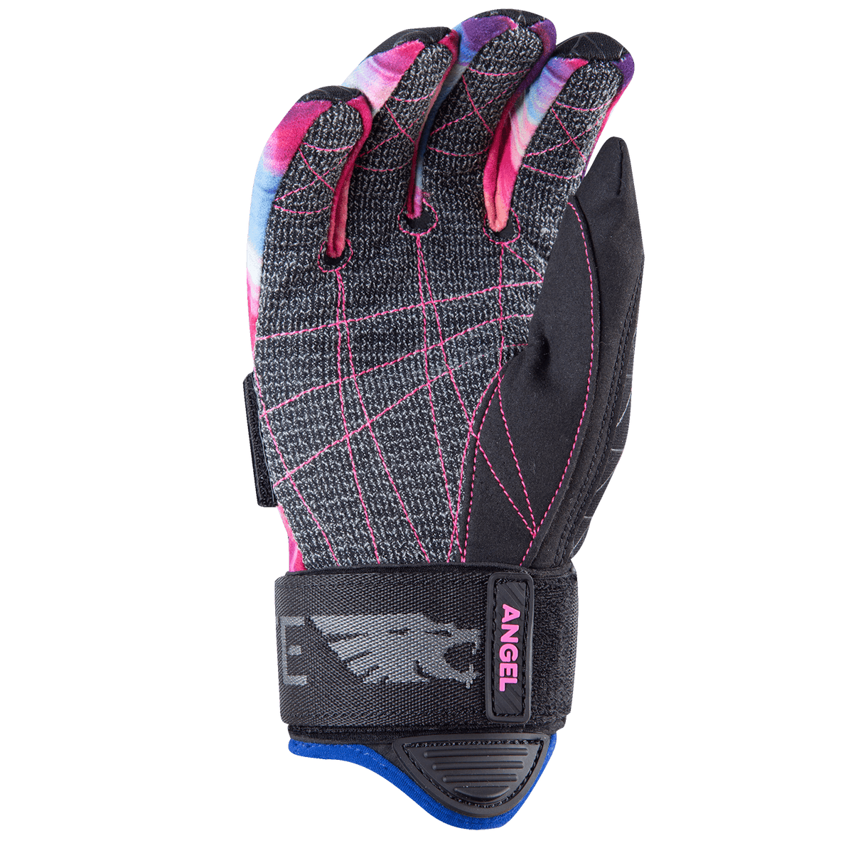 Palm view of the Syndicate Angel glove, featuring a black and gray textured palm, pink stitching, and tie-dye fingertips.
