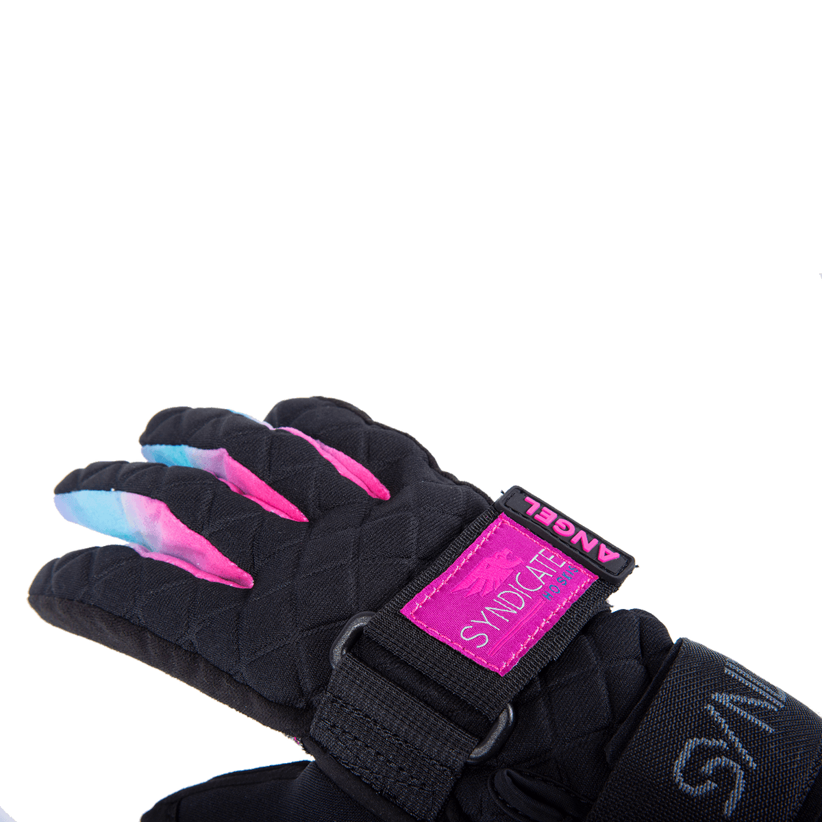 Angled view of the Syndicate Angel glove, showcasing black quilted fabric, pink logo accents, and a tie-dye finger design.