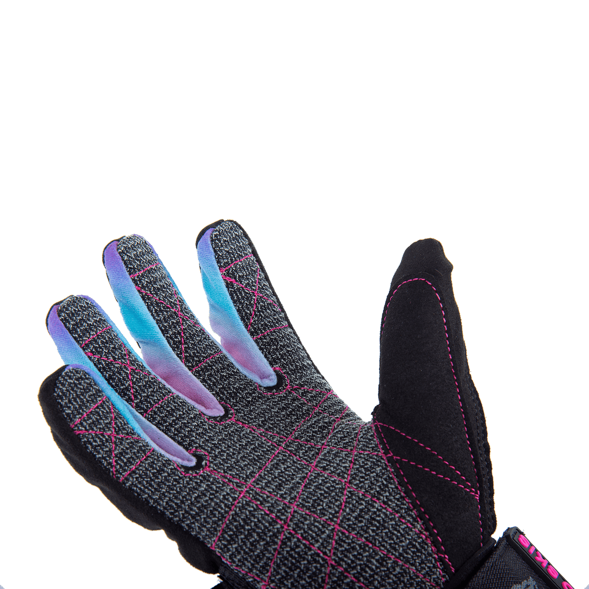 Angled view of the Syndicate Angel glove‚Äôs open palm, showing the textured grip, pink stitching, and colorful fingertips.