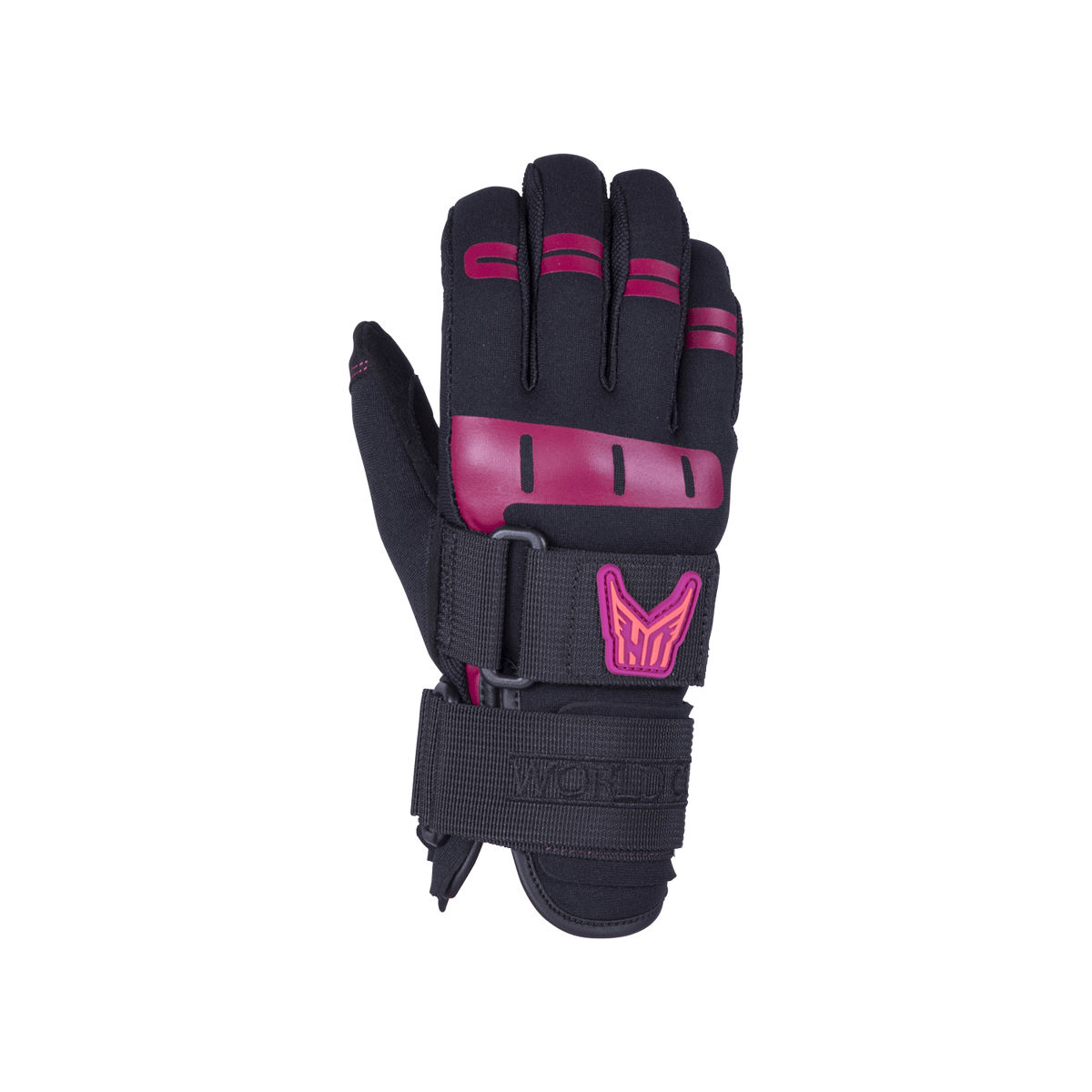 Top view of Womens World Cup glove in black with pink protective padding, a bold logo, and dual adjustable straps.