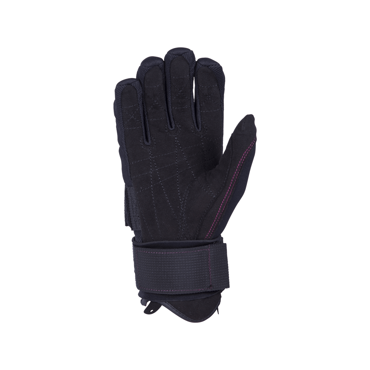 Palm view of Womens World Cup glove in black with reinforced grip stitching, a wrist strap, and subtle pink accents.