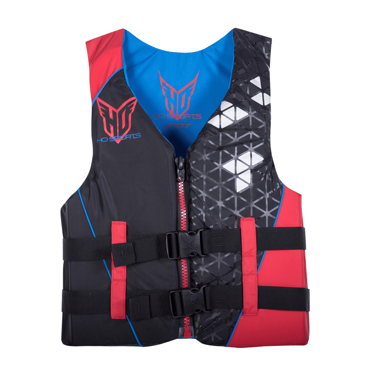 Front view of the Men‚Äôs Infinite Red life vest featuring a zippered closure, dual buckles, and geometric silver accents.