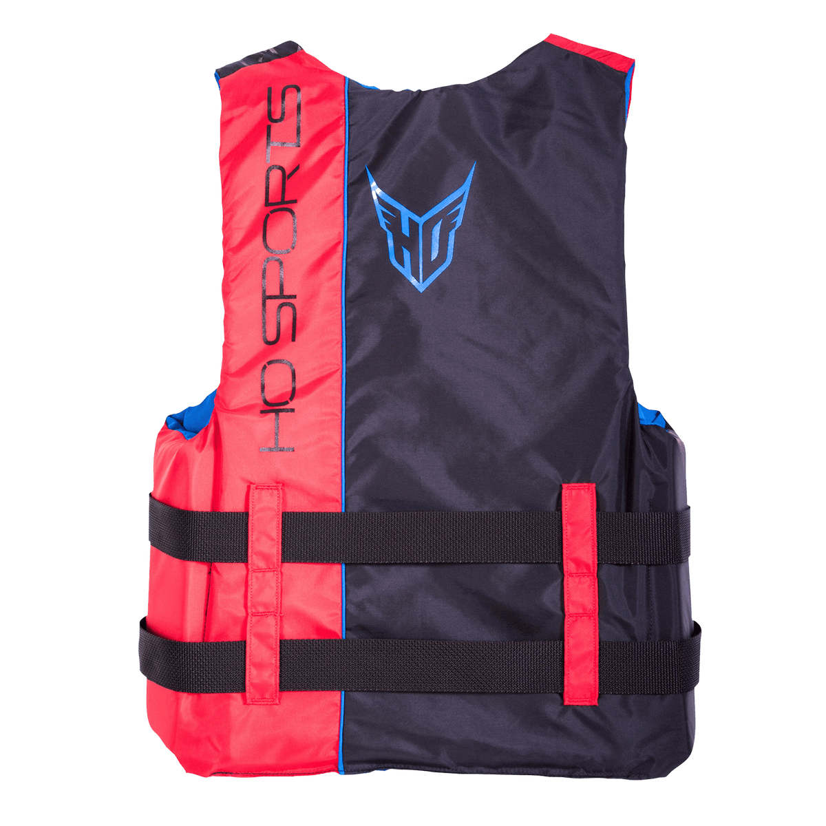 Back view of the Men‚Äôs Infinite Red life vest in red and black with an HO Sports logo and dual adjustable straps.