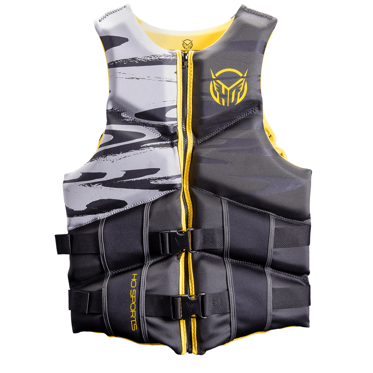 Front view of the Men‚Äôs Mission life vest in black, gray, and yellow with a zippered closure, dual buckles, and camo pattern.