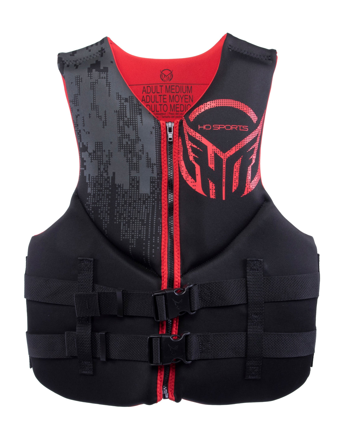 Front of the Men‚Äôs Pursuit life vest in black with red accents, digital pixel pattern, zippered closure, and dual buckles.