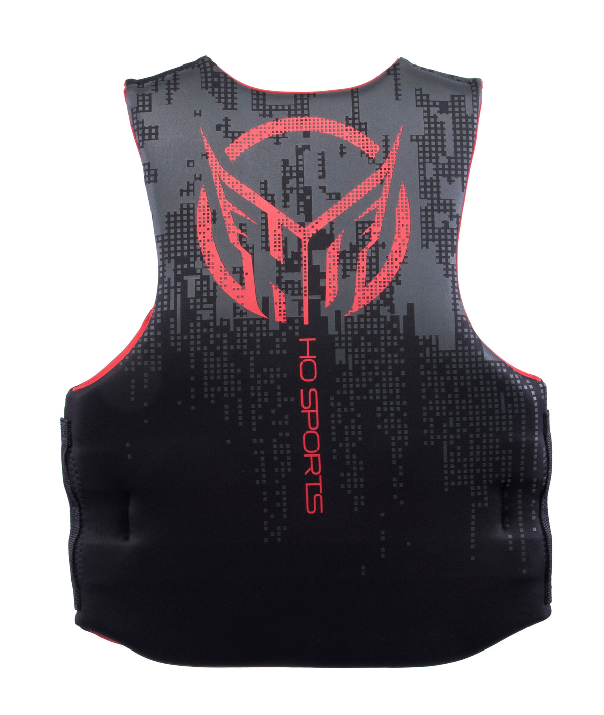 Back view of the Men‚Äôs Pursuit life vest featuring a red HO Sports logo over a digital pixel pattern on a black background.
