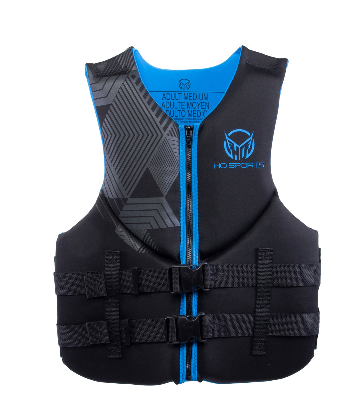 Front view of the Men‚Äôs Pursuit life vest in black with blue accents, geometric paneling, zippered closure, and dual buckles.