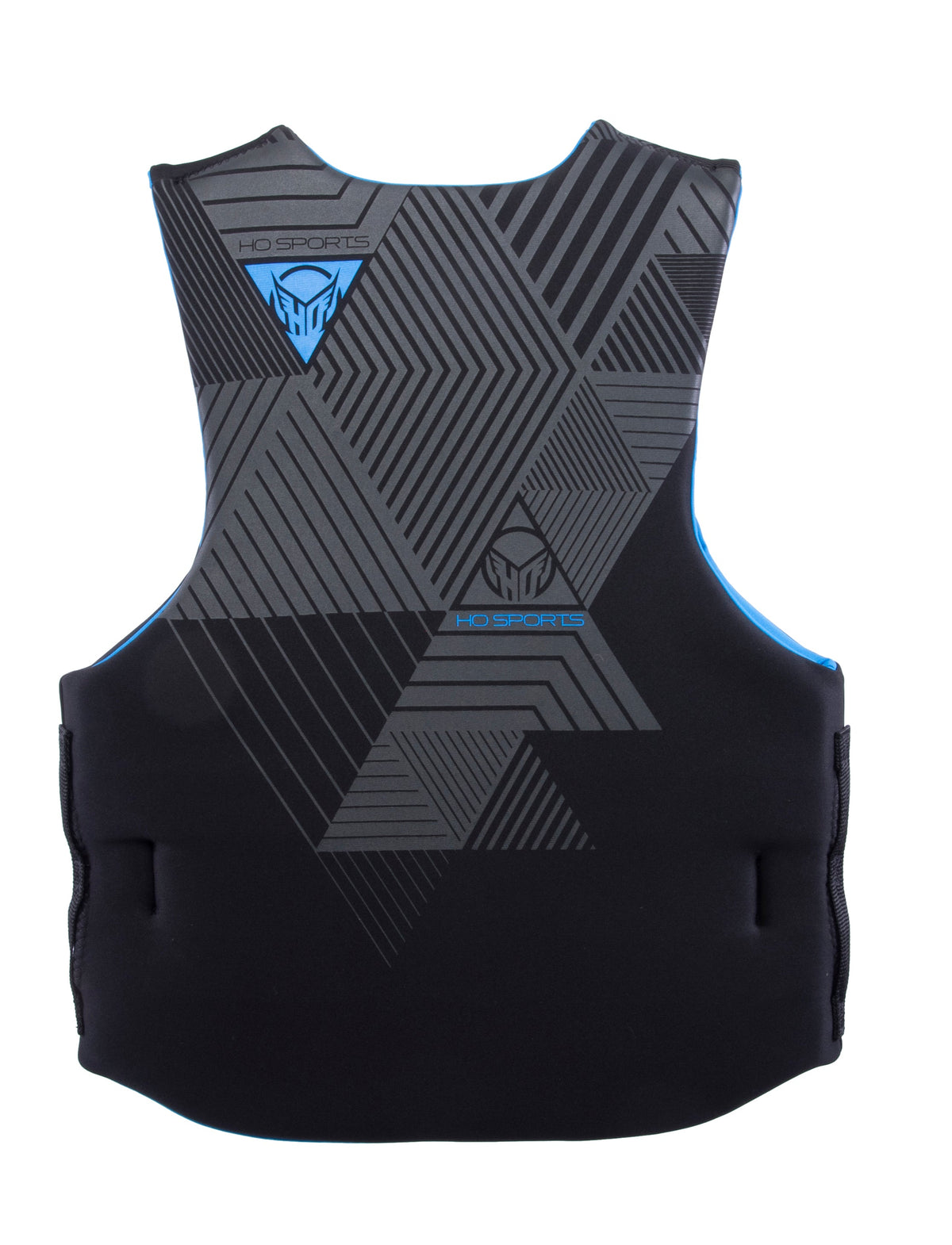 Back view of the Men‚Äôs Pursuit life vest featuring black geometric patterns and blue HO Sports branding.