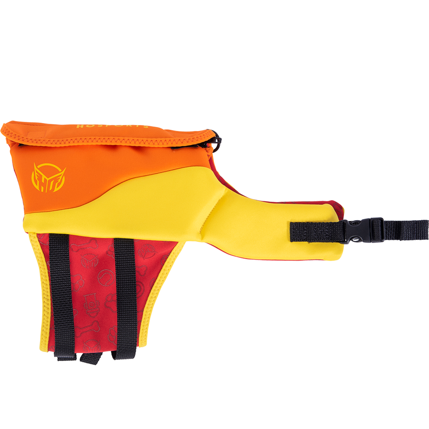 Side view of the Sage Neo Dog Vest in yellow and orange, showing the black logo, zippered pocket, and adjustable belly strap.