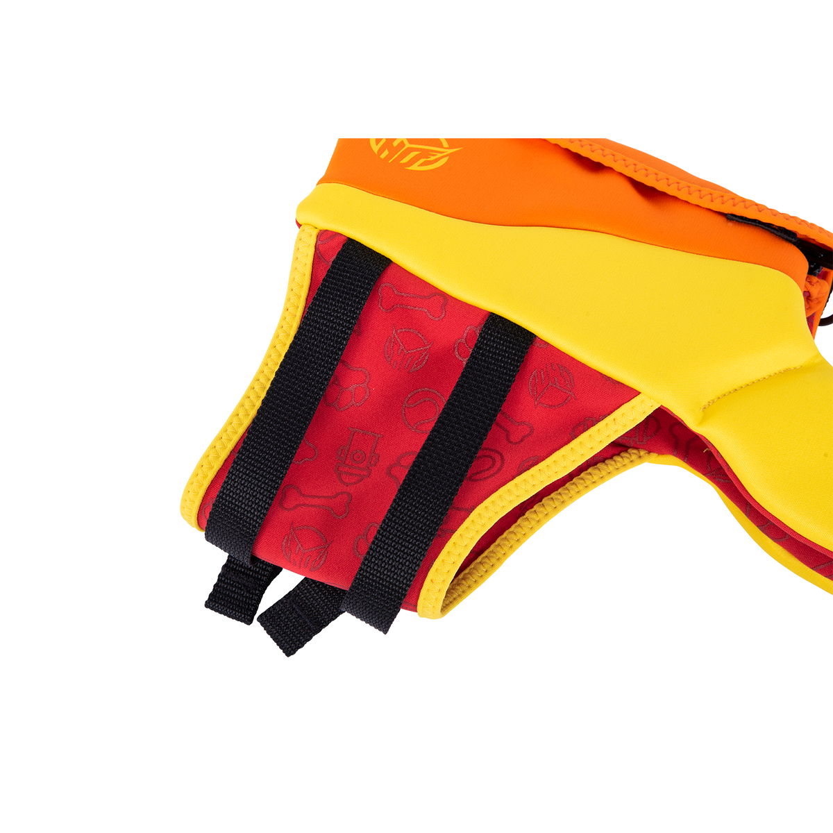 Close-up of the Sage Neo Dog Vest‚Äôs red detail with a subtle pattern of bones and toys, with two black adjustable straps.