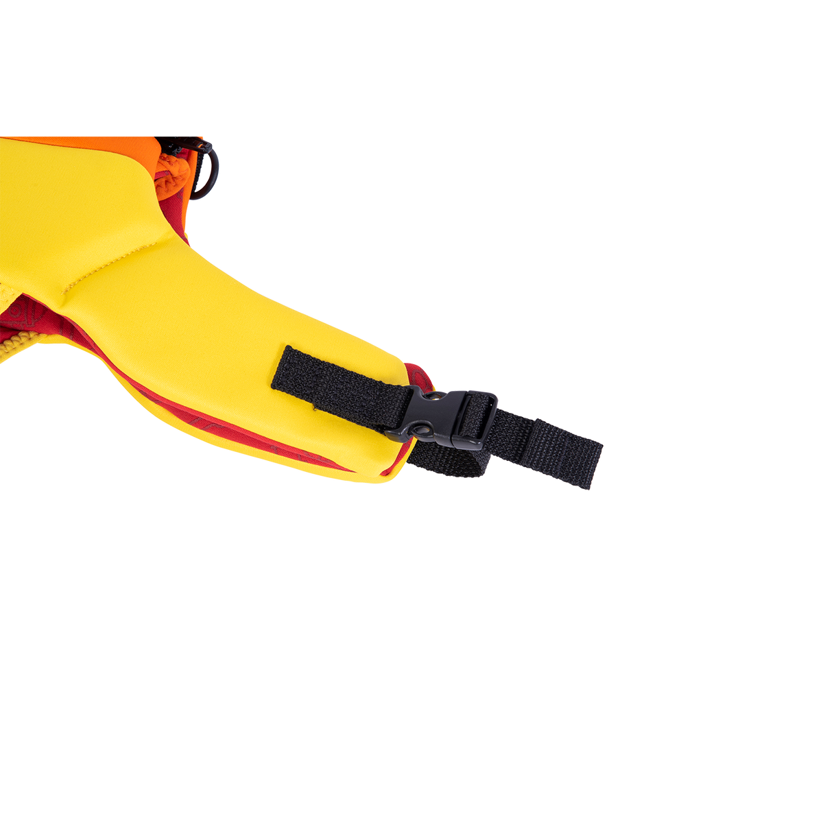 Close-up of the Sage Neo Dog Vest‚Äôs yellow padded belly strap with a black adjustable buckle for a secure fit.